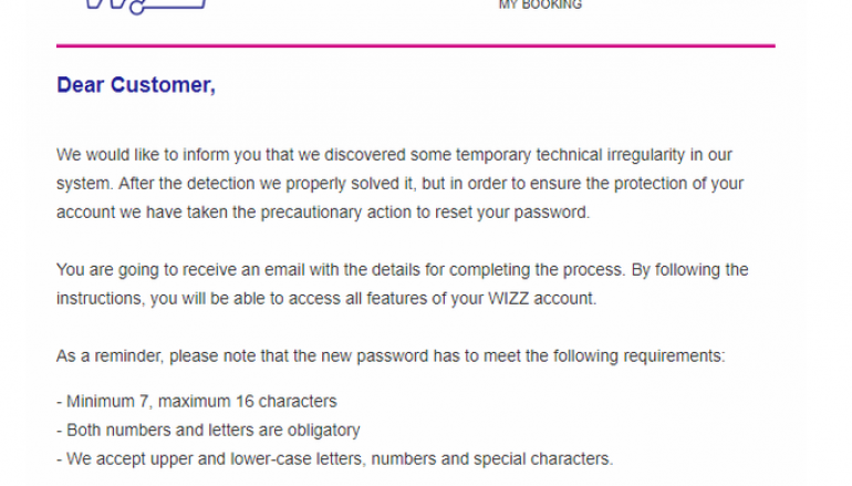 WizzAir Informed Customers It Forced a Password Reset On Their Accounts