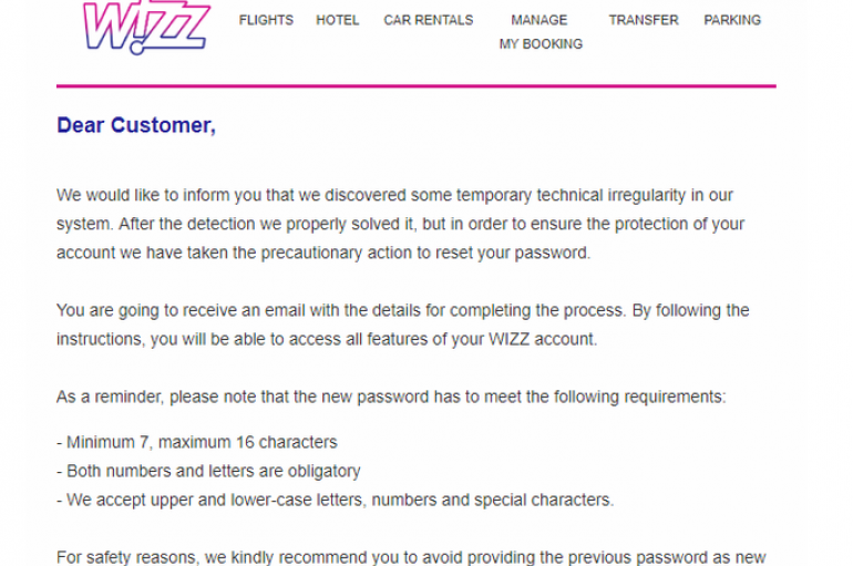 WizzAir Informed Customers It Forced a Password Reset On Their Accounts