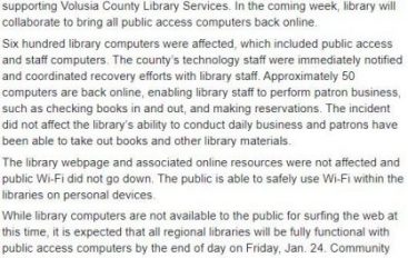 Malware Attack Took Down 600 Computers at Volusia County Public Library