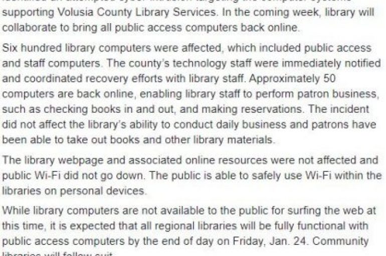 Malware Attack Took Down 600 Computers at Volusia County Public Library